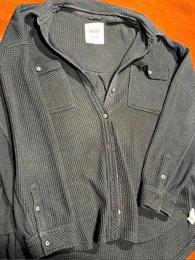 Aerie "LumberJane" Oversized Waffle Knit Button-Up Shacket - Black Large